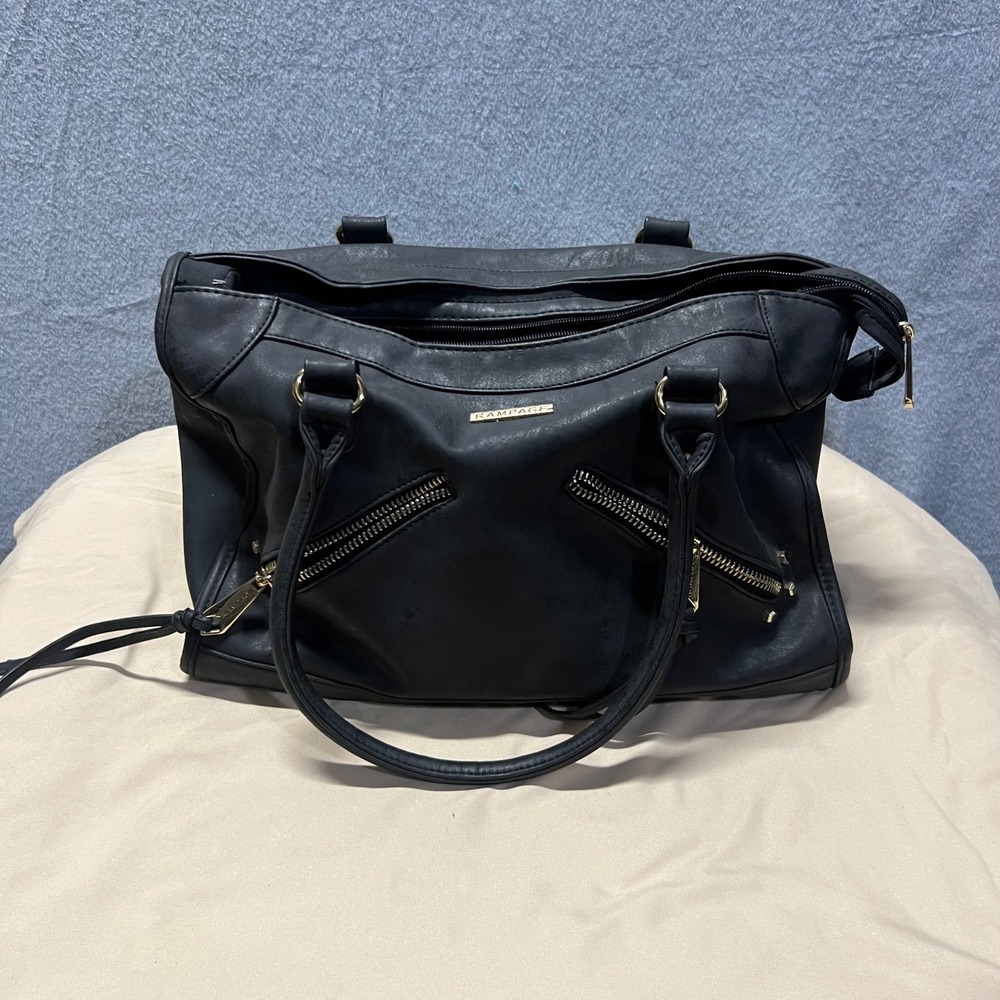 Rampage Black Faux Leather Urban Satchel Handbag Moto Zipper Accents workwear